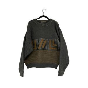 Saxony Mens Sweater Size M Gray Brown Knit Genuine Leather Wool Blend Pullover